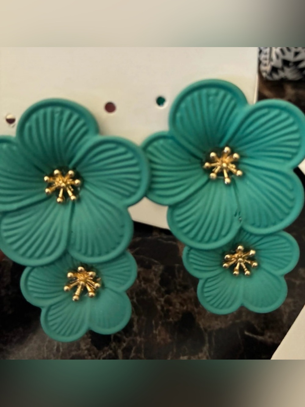 Teal Floral Drop Earrings with Gold Accents